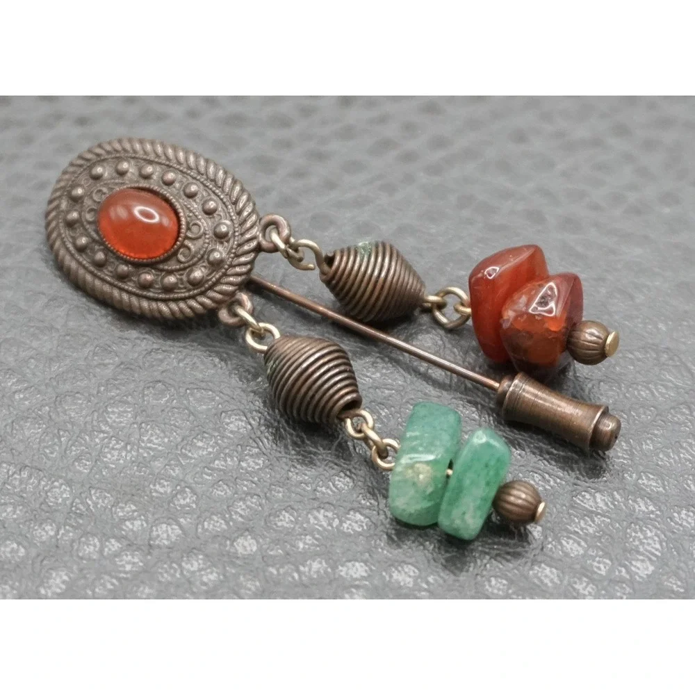 Vintage Faux Carnelian Faux Jade Copper Tone Stick Pin With Dangle Glass Beads